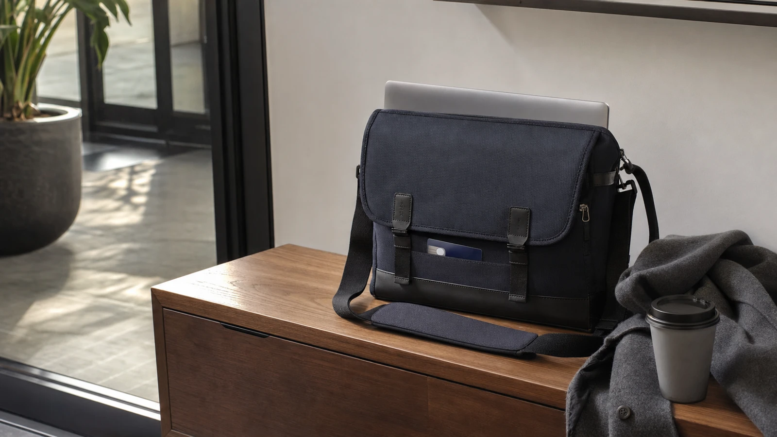 professional laptop messenger bag in a polished commuter workspace