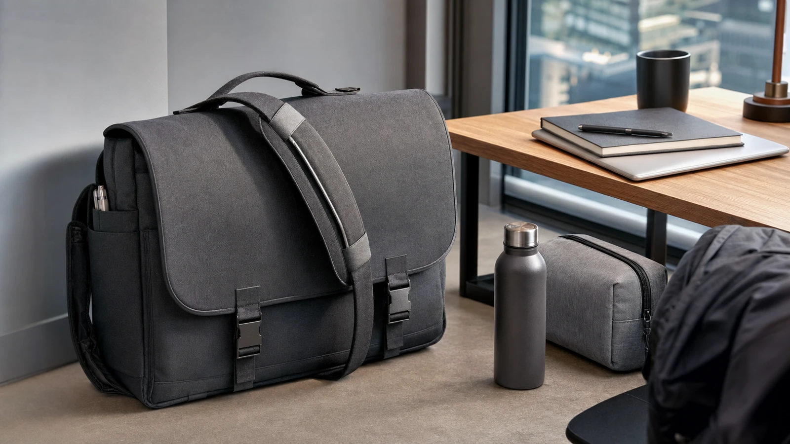 professional laptop messenger bag in a polished commuter workspace